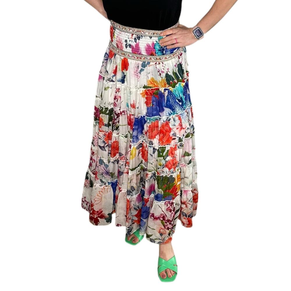 CAMILLA Shirred Waist Tiered Circle Skirt Women's Size Medium Silk Colorful Glam - Picture 10 of 12